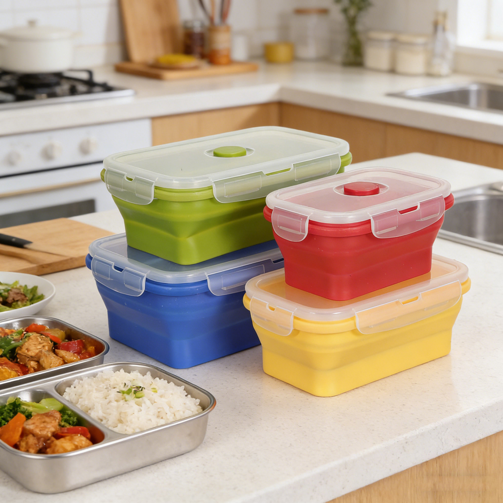 4Pcs Foldable Silicone Lunch B - Food Storage Silicone 评论和价格